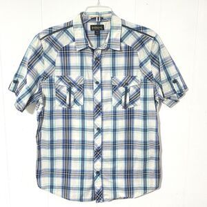 Mens HELIX Athletic Fit XL Plaid Short Sleeve Button Down Shirt Black Trim NICE